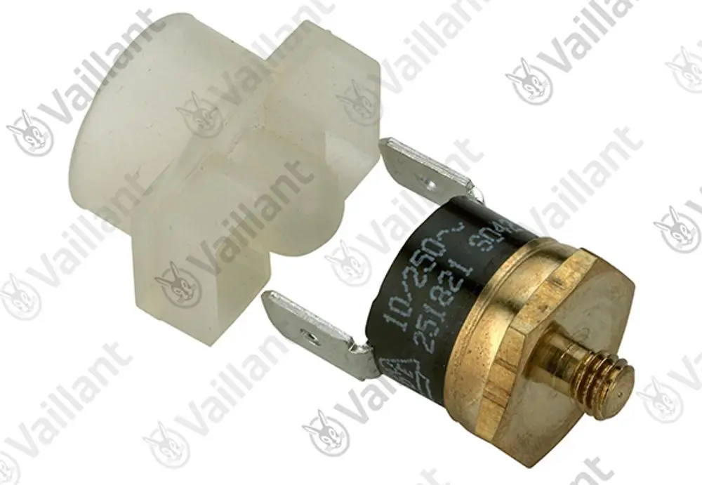 Vaillant Sicherheitsschalter mit einem schwarzen Gehäuse, Metallanschlussteil und hellem Steckverbinder. Der Schalter wird in Heizungsanlagen verwendet.